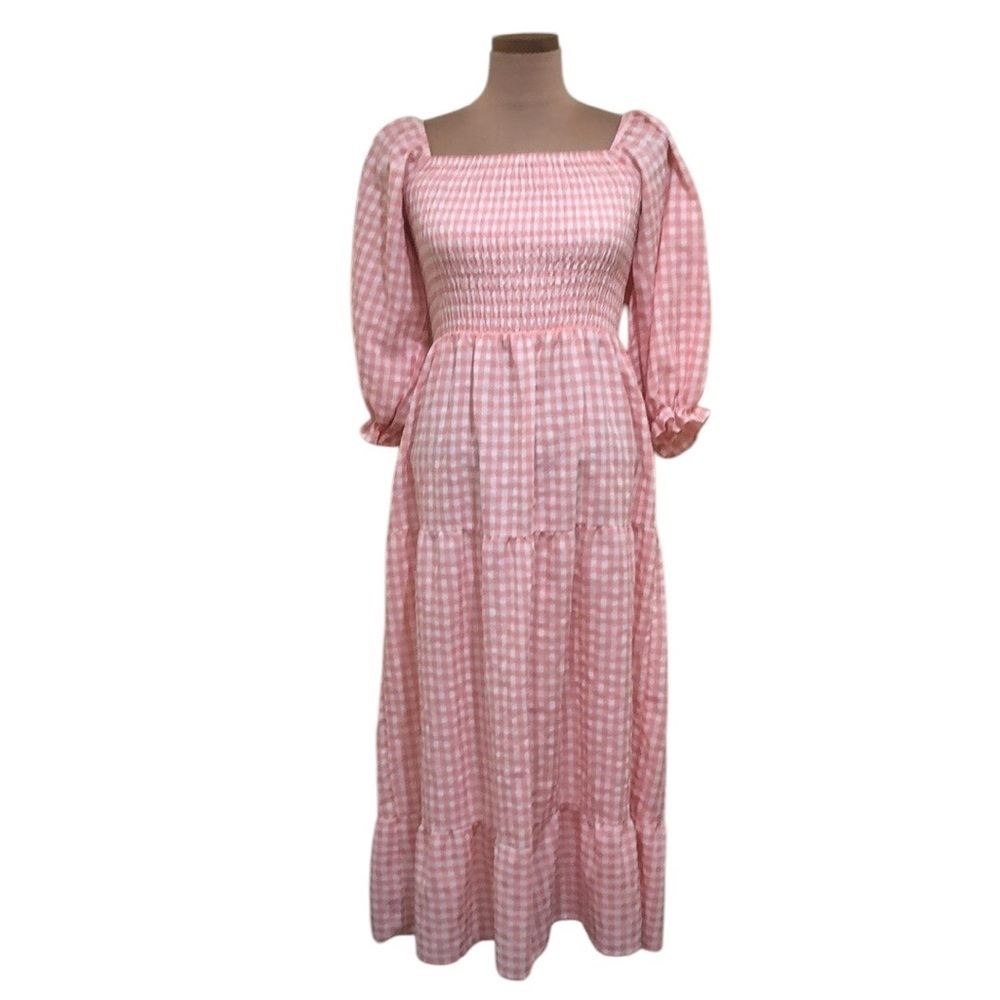 Francesca’s Collection Midi Dress Small Pastel Pink White Gingham Puff Sleeve